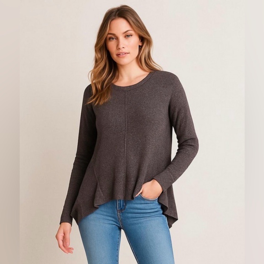 WILT Notched Hem Thermal Crewneck Lightweight Sweater, Brown Heather, Size S - Picture 3 of 17